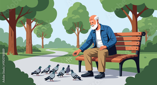 Modern vector illustration of senior military veteran sitting peacefully on park bench reflecting in calm outdoor environment, flat solid color style showing retirement and memory theme