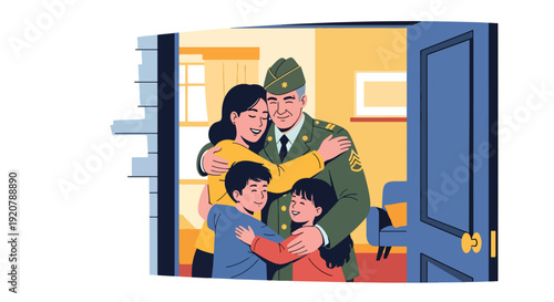 Modern vector illustration of military veteran returning home hugging family at doorway in flat solid color style showing reunion, support and emotional homecoming moment