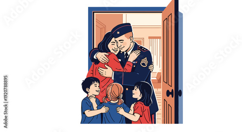 Modern vector illustration of military veteran returning home hugging family at doorway in flat solid color style showing reunion, support and emotional homecoming moment