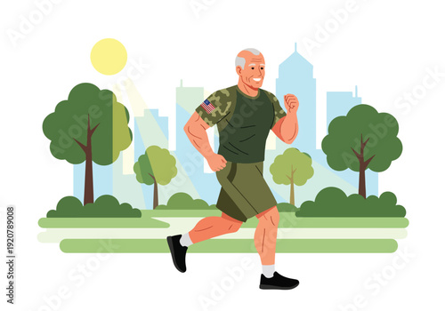Modern vector illustration of military veteran jogging in city park wearing sportswear in clean flat style with solid colors, healthy lifestyle and wellness after service concept