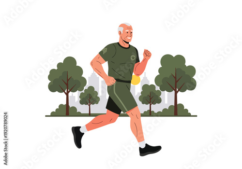 Modern vector illustration of military veteran jogging in city park wearing sportswear in clean flat style with solid colors, healthy lifestyle and wellness after service concept