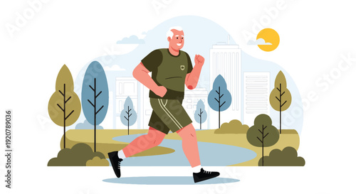 Modern vector illustration of military veteran jogging in city park wearing sportswear in clean flat style with solid colors, healthy lifestyle and wellness after service concept