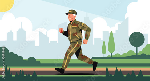 Modern vector illustration of military veteran jogging in city park wearing sportswear in clean flat style with solid colors, healthy lifestyle and wellness after service concept