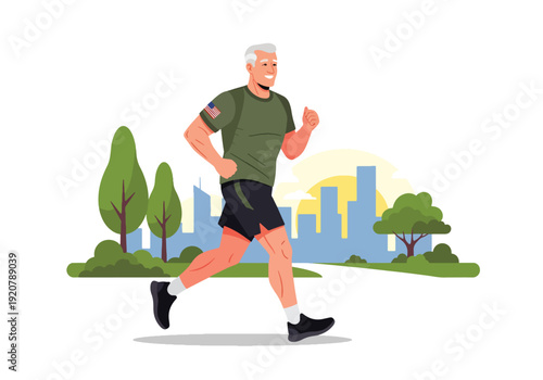 Modern vector illustration of military veteran jogging in city park wearing sportswear in clean flat style with solid colors, healthy lifestyle and wellness after service concept