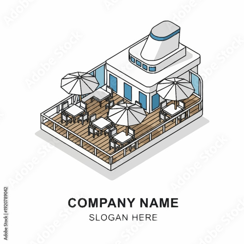 Isometric illustration of a modern restaurant with outdoor seating area and patio umbrellas.