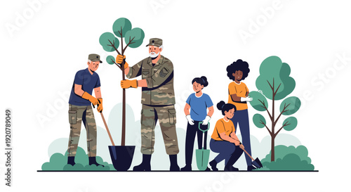 Modern vector illustration of military veteran volunteering in community park planting trees with group in flat solid color style showing civic engagement and social contribution concept