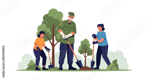 Modern vector illustration of military veteran volunteering in community park planting trees with group in flat solid color style showing civic engagement and social contribution concept