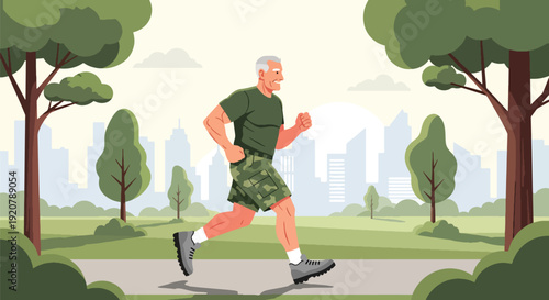 Modern vector illustration of military veteran jogging in city park wearing sportswear in clean flat style with solid colors, healthy lifestyle and wellness after service concept