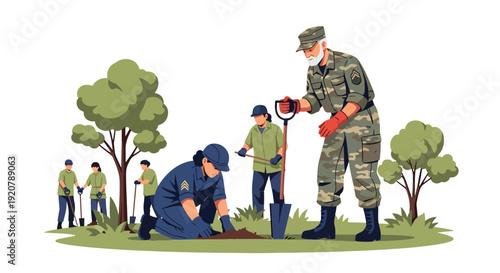 Modern vector illustration of military veteran volunteering in community park planting trees with group in flat solid color style showing civic engagement and social contribution concept