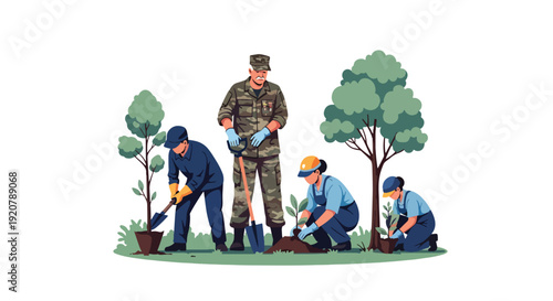 Modern vector illustration of military veteran volunteering in community park planting trees with group in flat solid color style showing civic engagement and social contribution concept