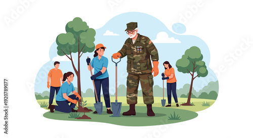 Modern vector illustration of military veteran volunteering in community park planting trees with group in flat solid color style showing civic engagement and social contribution concept