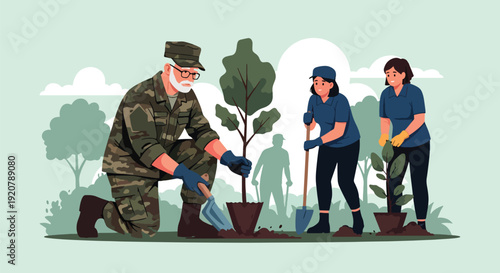 Modern vector illustration of military veteran volunteering in community park planting trees with group in flat solid color style showing civic engagement and social contribution concept