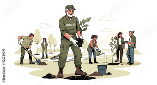 Modern vector illustration of military veteran volunteering in community park planting trees with group in flat solid color style showing civic engagement and social contribution concept