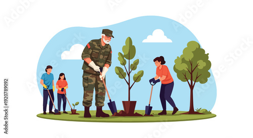 Modern vector illustration of military veteran volunteering in community park planting trees with group in flat solid color style showing civic engagement and social contribution concept