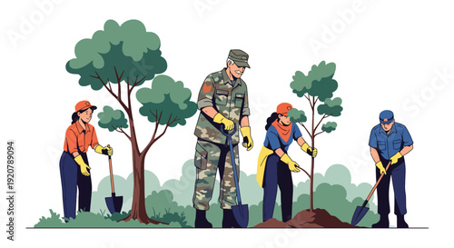 Modern vector illustration of military veteran volunteering in community park planting trees with group in flat solid color style showing civic engagement and social contribution concept