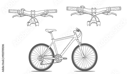 Detailed technical drawing of a bicycle with two side views of the handlebars