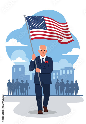 Modern vector illustration of military veteran holding national flag walking in parade with crowd silhouettes in flat solid color style celebrating patriotic event and recognition