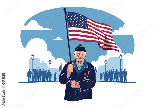 Modern vector illustration of military veteran holding national flag walking in parade with crowd silhouettes in flat solid color style celebrating patriotic event and recognition