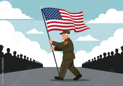Modern vector illustration of military veteran holding national flag walking in parade with crowd silhouettes in flat solid color style celebrating patriotic event and recognition