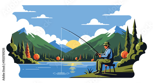 Modern vector illustration of military veteran fishing at peaceful lake with mountains and trees in flat solid color style showing retirement relaxation and outdoor lifestyle concept
