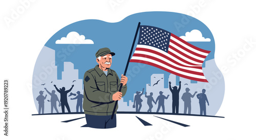 Modern vector illustration of military veteran holding national flag walking in parade with crowd silhouettes in flat solid color style celebrating patriotic event and recognition