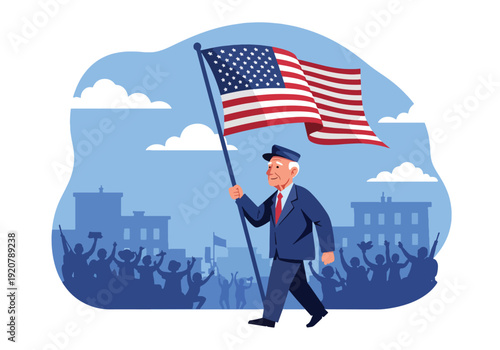 Modern vector illustration of military veteran holding national flag walking in parade with crowd silhouettes in flat solid color style celebrating patriotic event and recognition