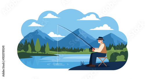 Modern vector illustration of military veteran fishing at peaceful lake with mountains and trees in flat solid color style showing retirement relaxation and outdoor lifestyle concept