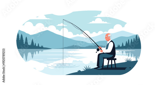 Modern vector illustration of military veteran fishing at peaceful lake with mountains and trees in flat solid color style showing retirement relaxation and outdoor lifestyle concept