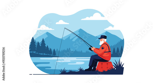 Modern vector illustration of military veteran fishing at peaceful lake with mountains and trees in flat solid color style showing retirement relaxation and outdoor lifestyle concept