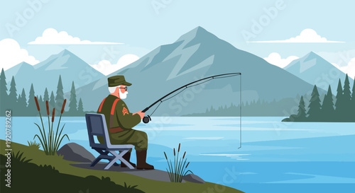 Modern vector illustration of military veteran fishing at peaceful lake with mountains and trees in flat solid color style showing retirement relaxation and outdoor lifestyle concept