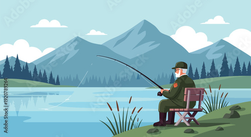 Modern vector illustration of military veteran fishing at peaceful lake with mountains and trees in flat solid color style showing retirement relaxation and outdoor lifestyle concept