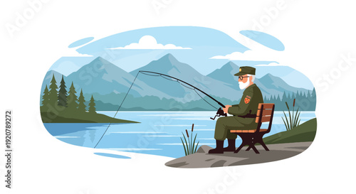 Modern vector illustration of military veteran fishing at peaceful lake with mountains and trees in flat solid color style showing retirement relaxation and outdoor lifestyle concept