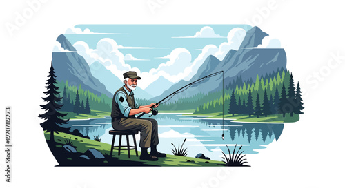 Modern vector illustration of military veteran fishing at peaceful lake with mountains and trees in flat solid color style showing retirement relaxation and outdoor lifestyle concept