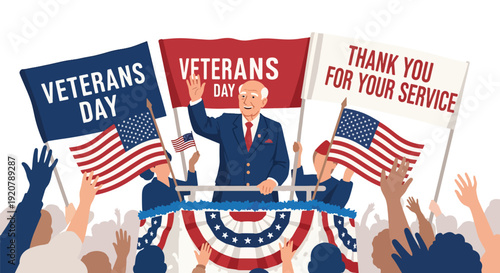 Modern vector illustration of military veteran waving to crowd during veterans day parade with flags and banners in flat solid color style celebrating national appreciation and honor