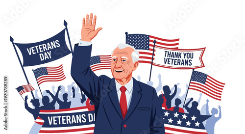 Modern vector illustration of military veteran waving to crowd during veterans day parade with flags and banners in flat solid color style celebrating national appreciation and honor