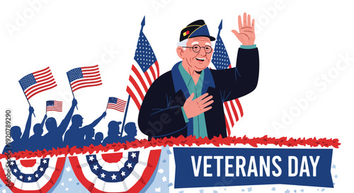 Modern vector illustration of military veteran waving to crowd during veterans day parade with flags and banners in flat solid color style celebrating national appreciation and honor