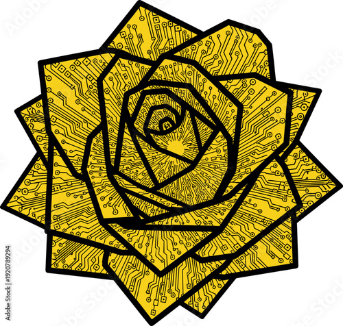 Yellow rose with circuit pattern on a light background