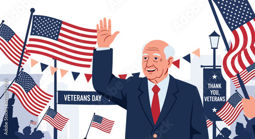 Modern vector illustration of military veteran waving to crowd during veterans day parade with flags and banners in flat solid color style celebrating national appreciation and honor