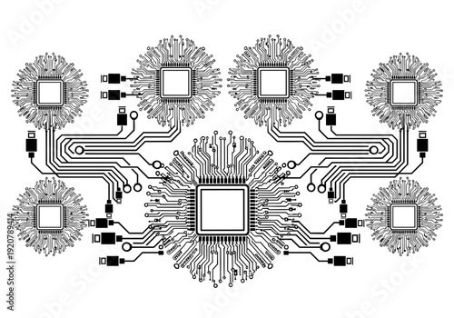 Digital circuit design in neon green on a black background