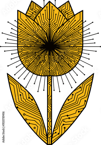Abstract digital flower design with circuit patterns in yellow