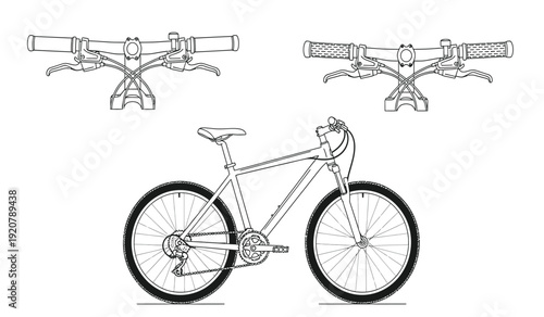 Detailed technical drawing of a mountain bike with two additional side views showcasing its design and components in precise engineering style