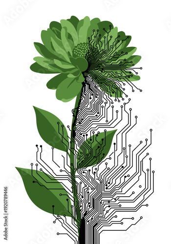 Flower with digital circuit design representing nature and technology fusion