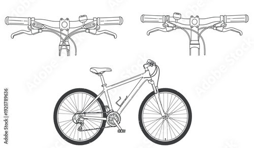 Detailed technical drawing of a bicycle with handlebar components