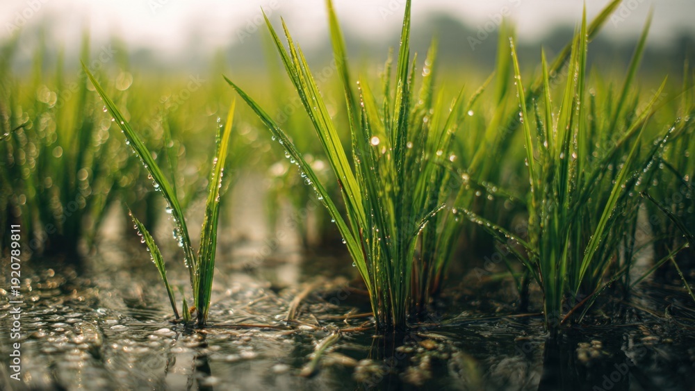 Obraz premium Rice paddy field with water and green sprouts