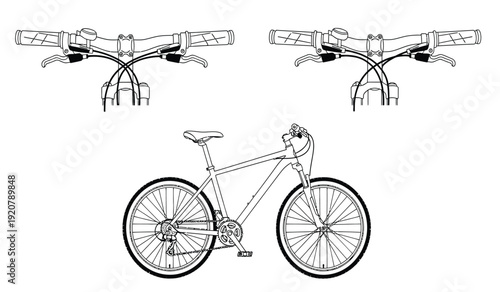 Detailed technical drawing of a bicycle with various views and components