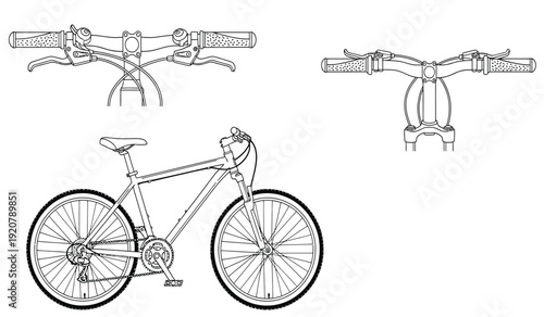 Detailed technical drawing of a bicycle with its components and parts shown in a line art style