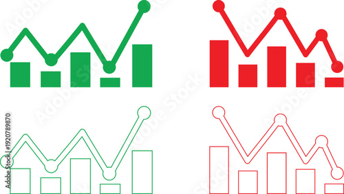Set of green and red bar charts with line graphs representing financial data and trends
