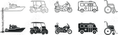 Collection of emergency medical transport vehicles in outline and solid fill vector styles