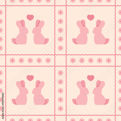 Seamless Easter bunny pattern in pastel pink. Cute rabbit silhouettes with hearts and flowers
