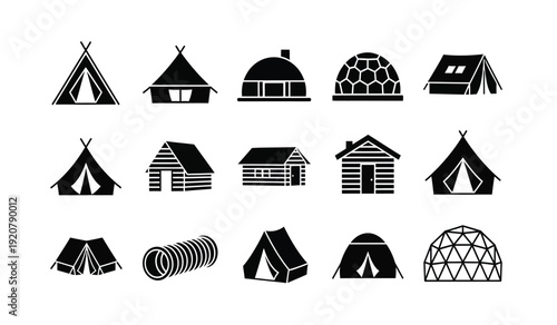 Collection of various tent and house silhouettes for camping and travel illustrations